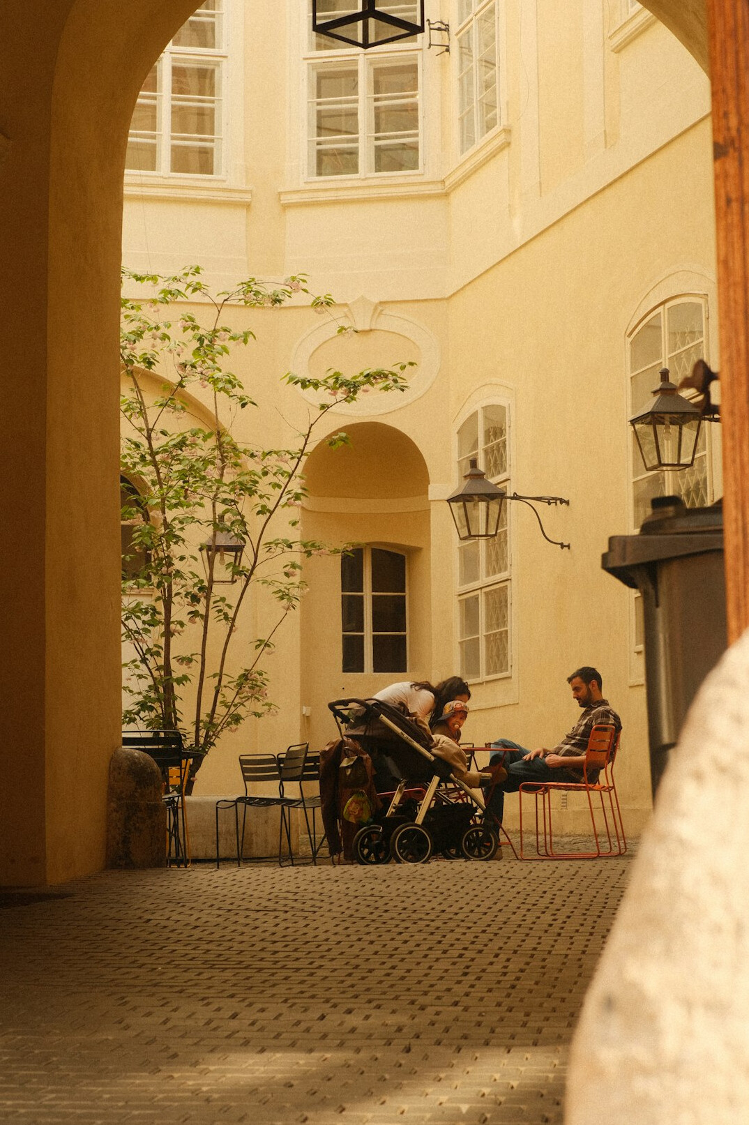 Polish children playing in a courtyard between apartment blocks