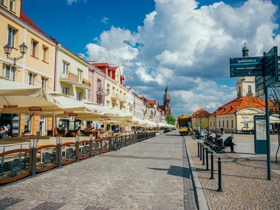 Open-air market scene in a small Polish town